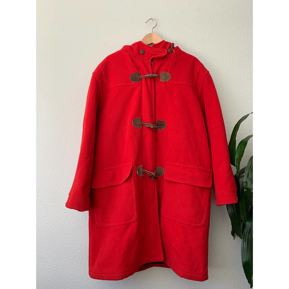 Vintage L.L. Bean Red Plaid Flannel-lined Wool Duffel Coat Hooded Heavy Overcoat